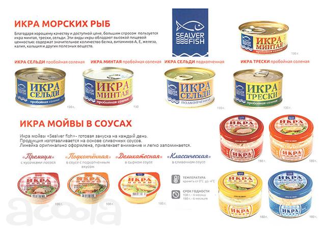 Икра лососевая, сельди, минтая, трески, мойвы.